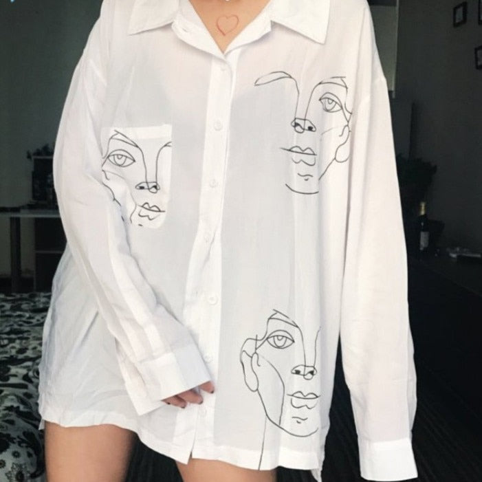 Summer Women&#39;s Face Printing Full Sleeve Long Shirts