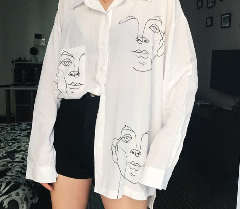 Summer Women&#39;s Face Printing Full Sleeve Long Shirts