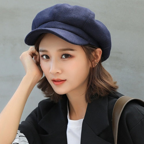 Women Solid Plain Octagonal Newsboy Cap