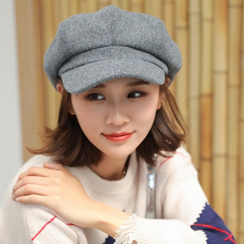 Women Solid Plain Octagonal Newsboy Cap