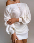 Casual off-shoulder lantern sleeve knitted sweater dress