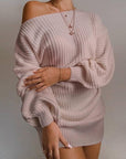 Casual off-shoulder lantern sleeve knitted sweater dress