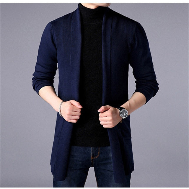 Men&#39;s Slim Long Solid Color Knitted Jacket