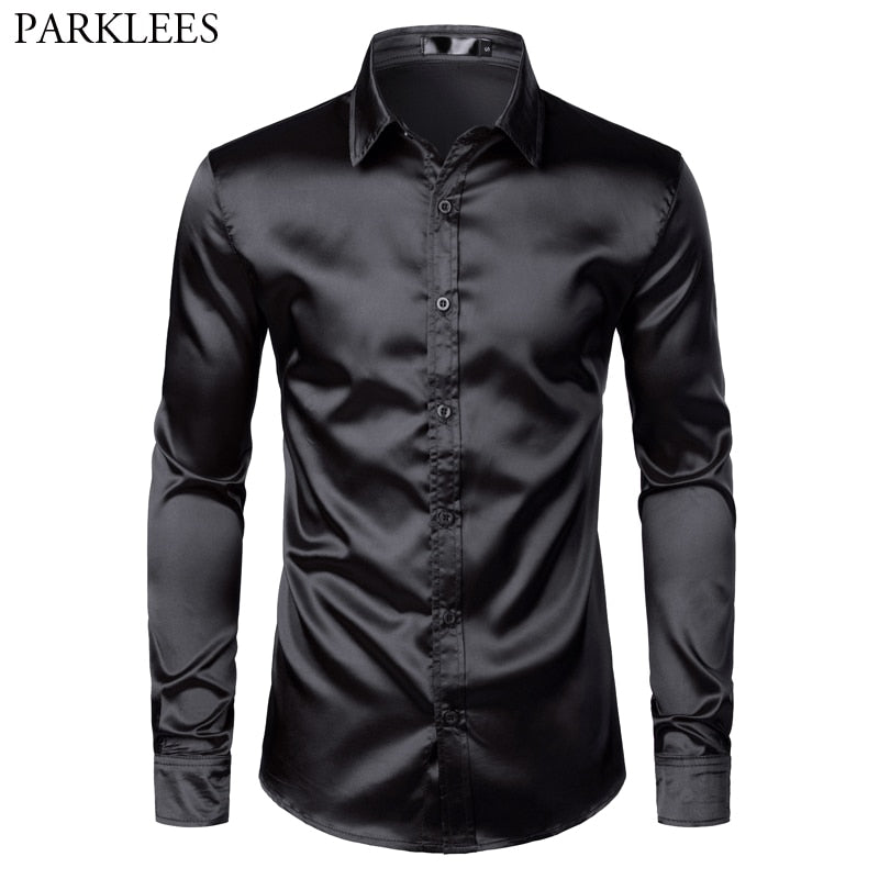 Men&#39;s Black Satin Luxury Dress Shirts