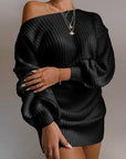 Casual off-shoulder lantern sleeve knitted sweater dress