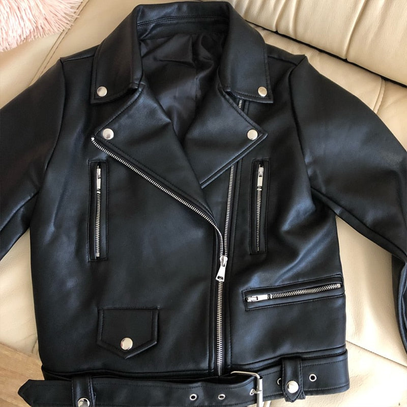 New Women Spring Autumn Black Faux Leather Jackets