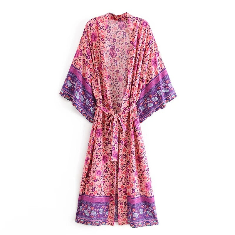 Floral Print Long Kimono Dress