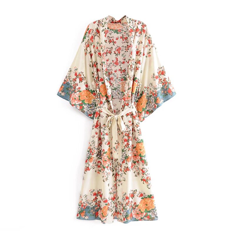 Floral Print Long Kimono Dress