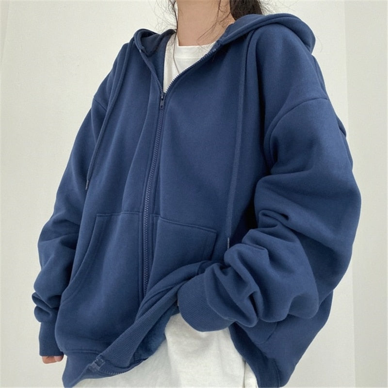 Solid Color Zip Up Oversized Hoodies