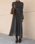 Vintage Stand Collar Ruched Sleeve A-line Dress
