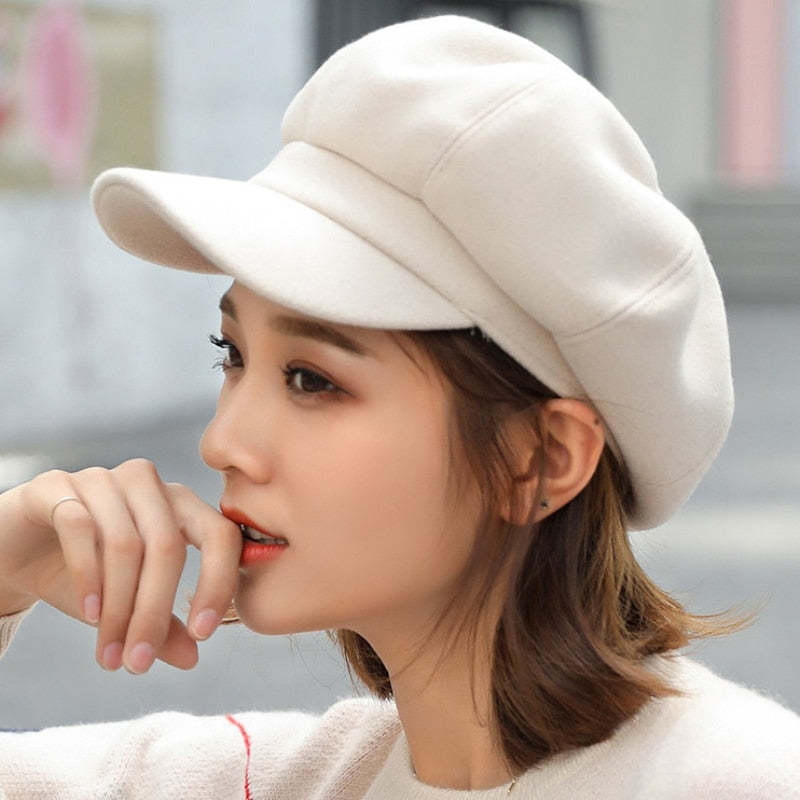 Women Solid Plain Octagonal Newsboy Cap