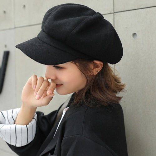 Women Solid Plain Octagonal Newsboy Cap