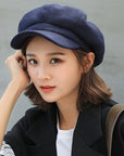 Women Solid Plain Octagonal Newsboy Cap