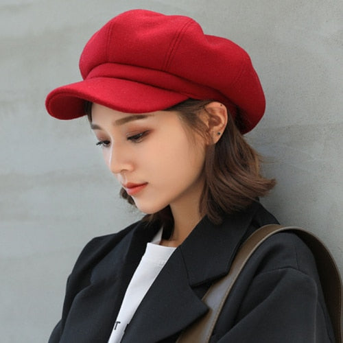 Women Solid Plain Octagonal Newsboy Cap