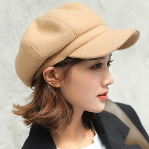 Women Solid Plain Octagonal Newsboy Cap