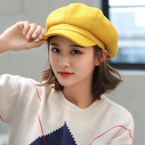 Women Solid Plain Octagonal Newsboy Cap