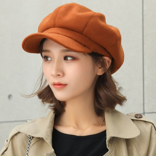 Women Solid Plain Octagonal Newsboy Cap