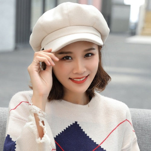 Women Solid Plain Octagonal Newsboy Cap