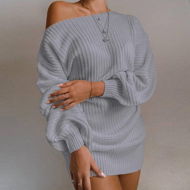 Casual off-shoulder lantern sleeve knitted sweater dress
