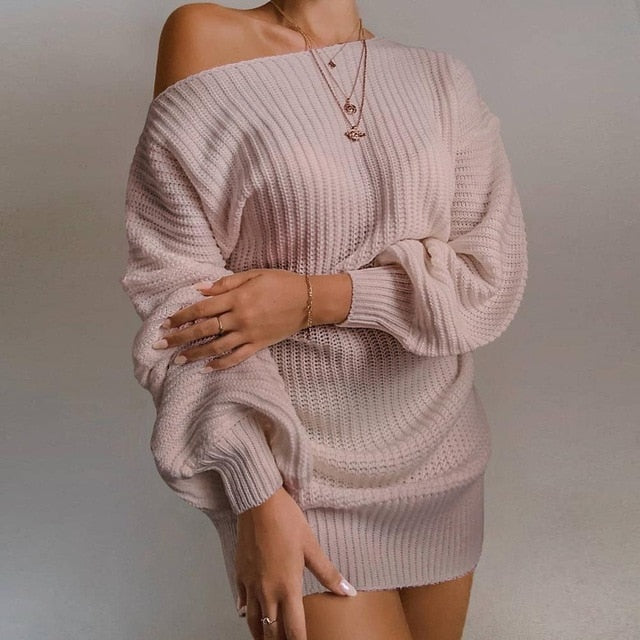 Casual off-shoulder lantern sleeve knitted sweater dress