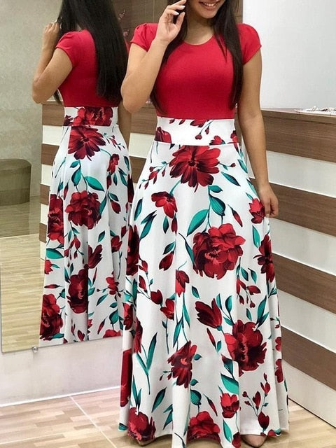 Vintage Floral Print O-Neck Long Dress