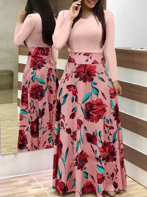 Vintage Floral Print O-Neck Long Dress