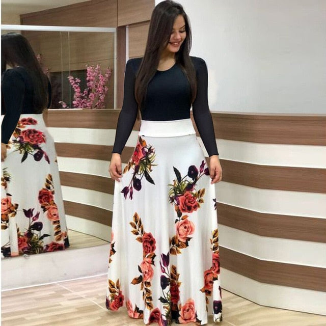 Vintage Floral Print O-Neck Long Dress