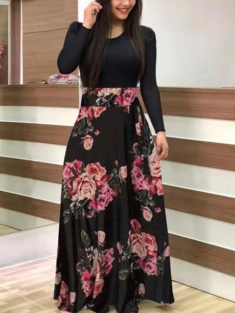 Vintage Floral Print O-Neck Long Dress