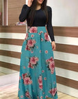 Vintage Floral Print O-Neck Long Dress