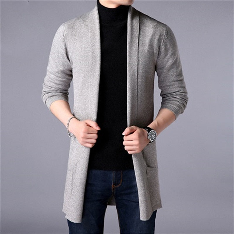 Men&#39;s Slim Long Solid Color Knitted Jacket