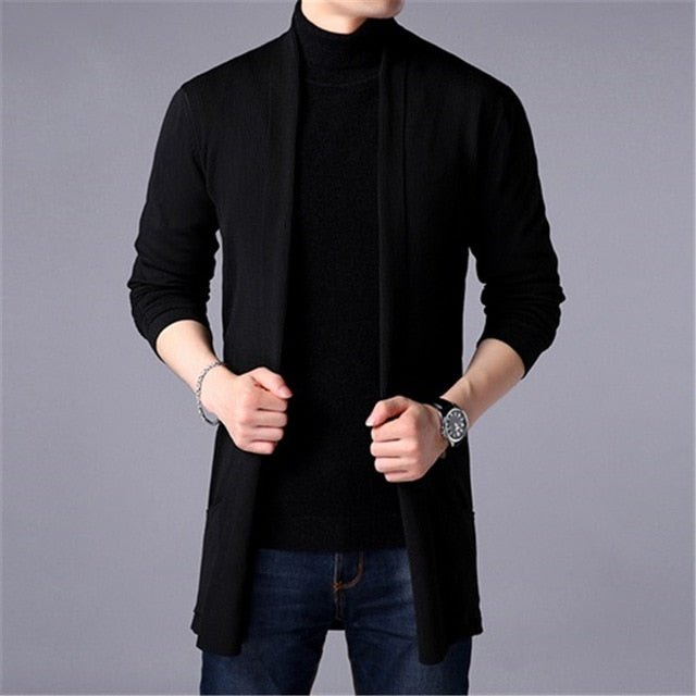 Men&#39;s Slim Long Solid Color Knitted Jacket