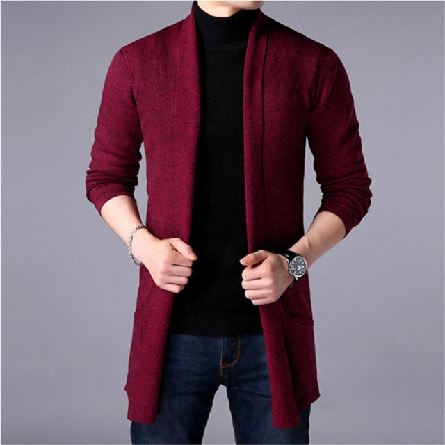 Men&#39;s Slim Long Solid Color Knitted Jacket