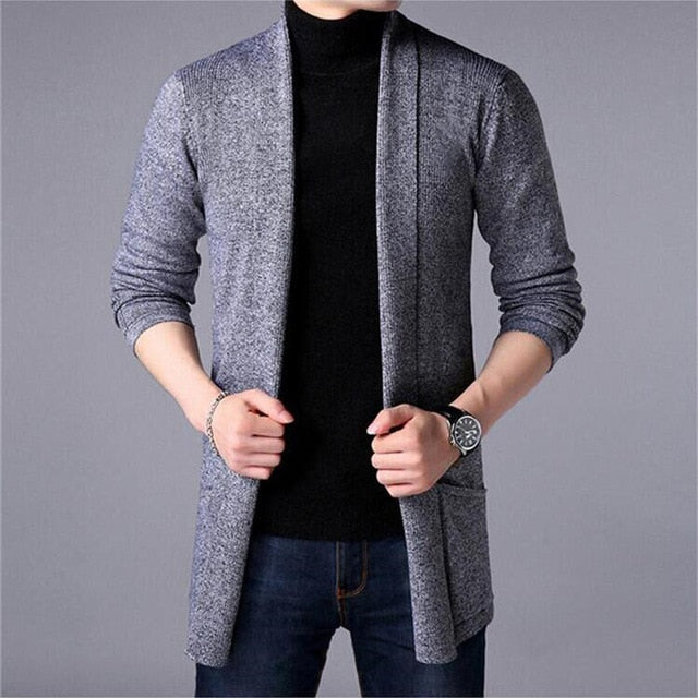 Men&#39;s Slim Long Solid Color Knitted Jacket