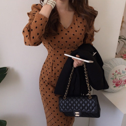 Dot Print A-Line Party Corduroy Dresses