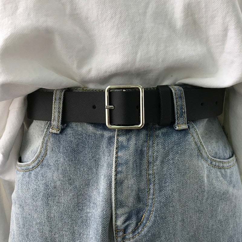 Women Square Buckle Metal Pin Buckle Jeans Black Belt