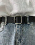 Women Square Buckle Metal Pin Buckle Jeans Black Belt