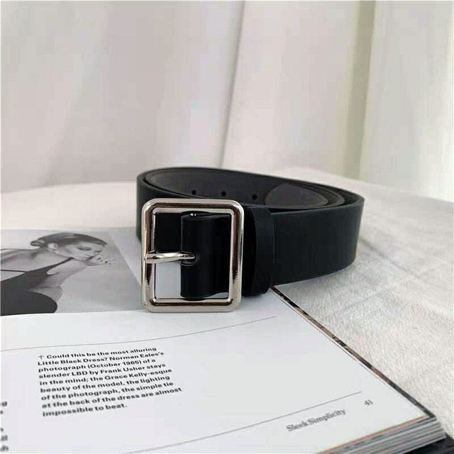 Women Square Buckle Metal Pin Buckle Jeans Black Belt