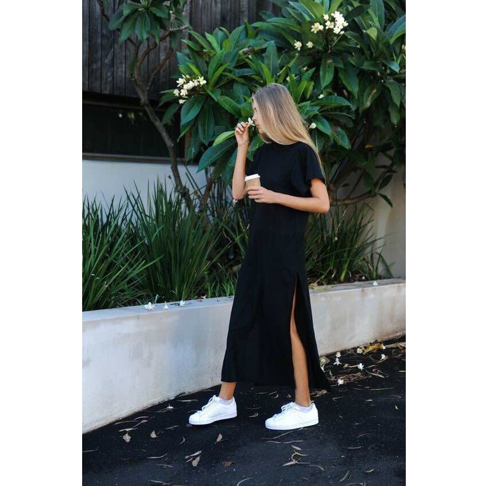 Elegant Bodycon Black White Cotton Long Dresses