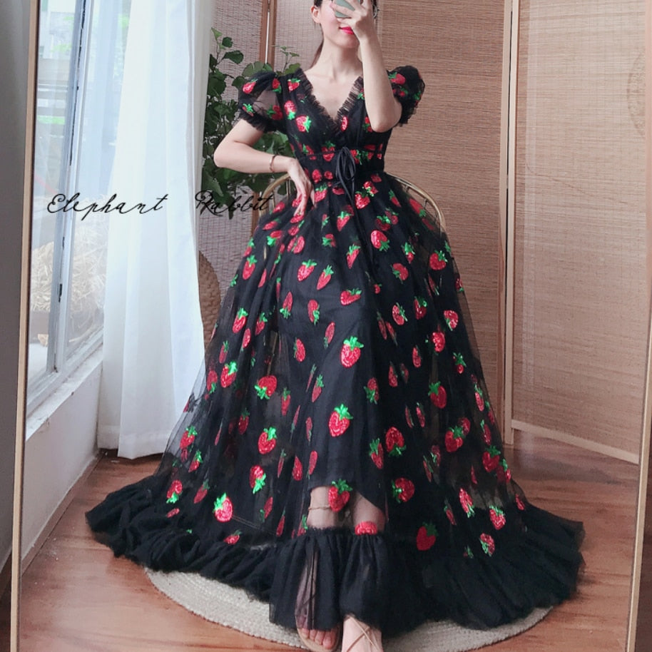 Women Black Pink Strawberry Sequined Dress