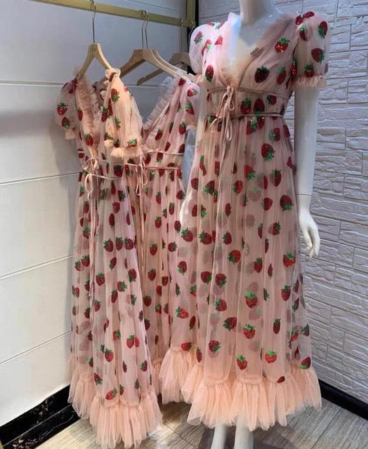 Women Black Pink Strawberry Sequined Dress