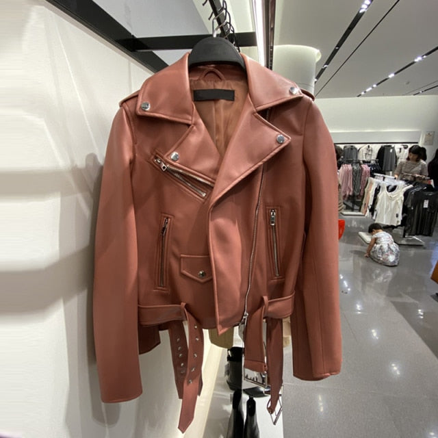 Autumn Sashes Pu Faux Leather Jacket